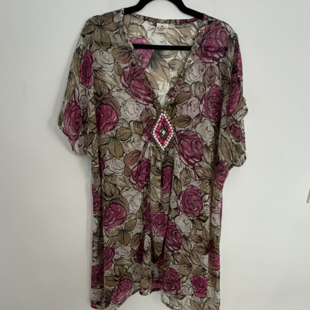 Le Lele Floral Sheer Beaded swim coverup Short Sleeve Pink Beige White USA Made‎